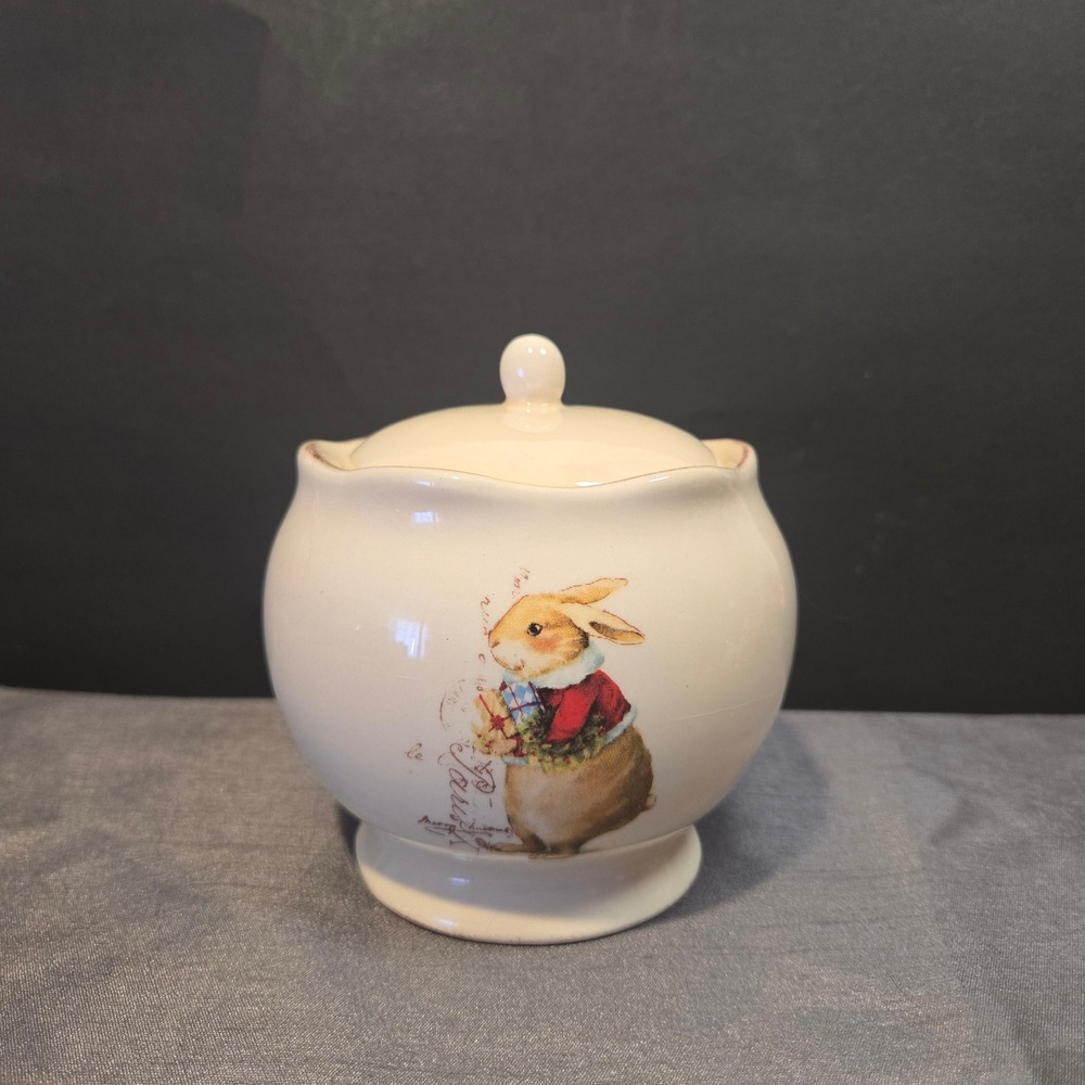 Vtg Magenta Holiday‎ Collection Cream Sugar Bowl with Lid Bunny Christmas Design